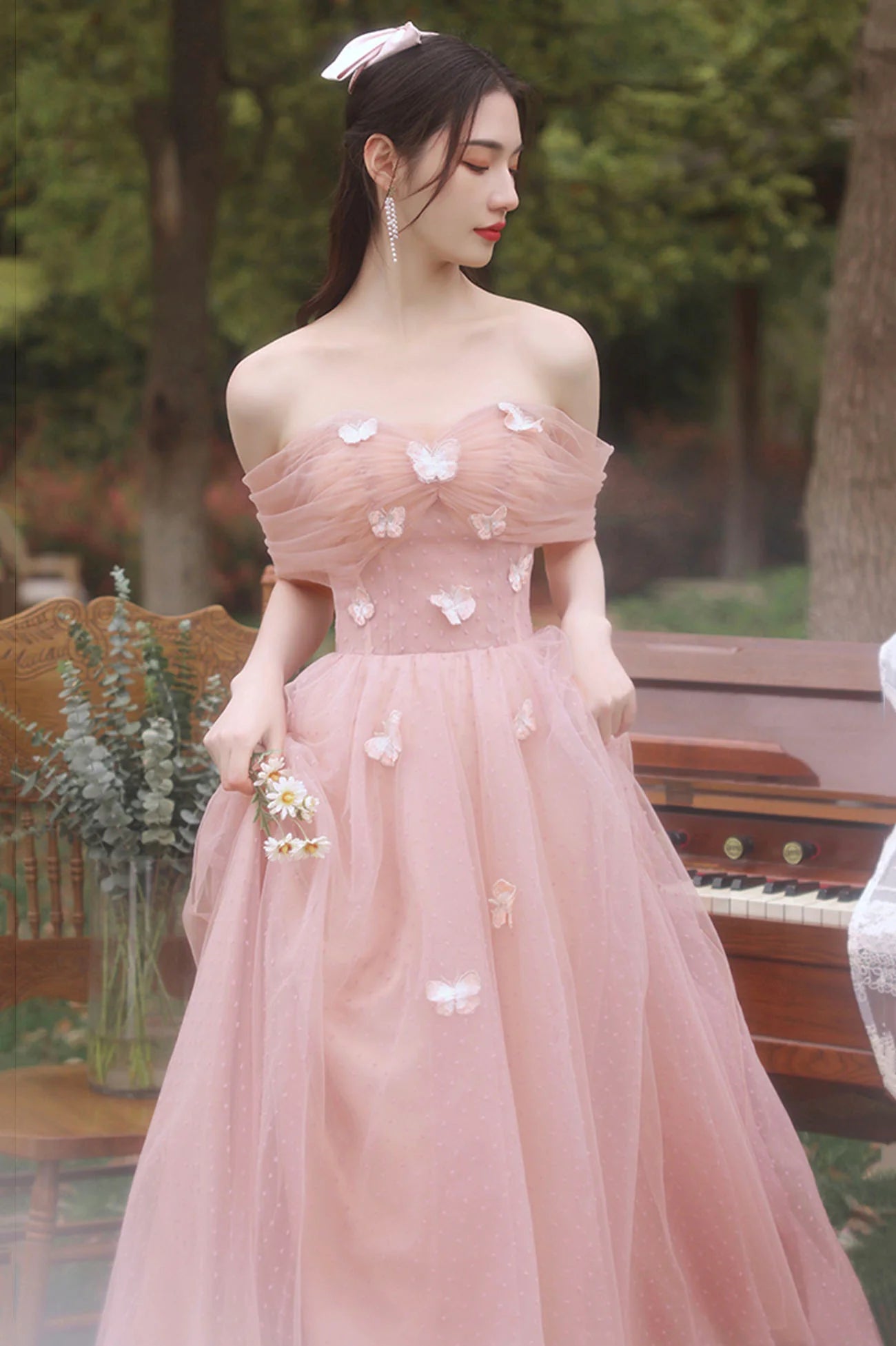 Pink A-Line Pink Tulle Long Prom Dresses Tulle Party Dresses
