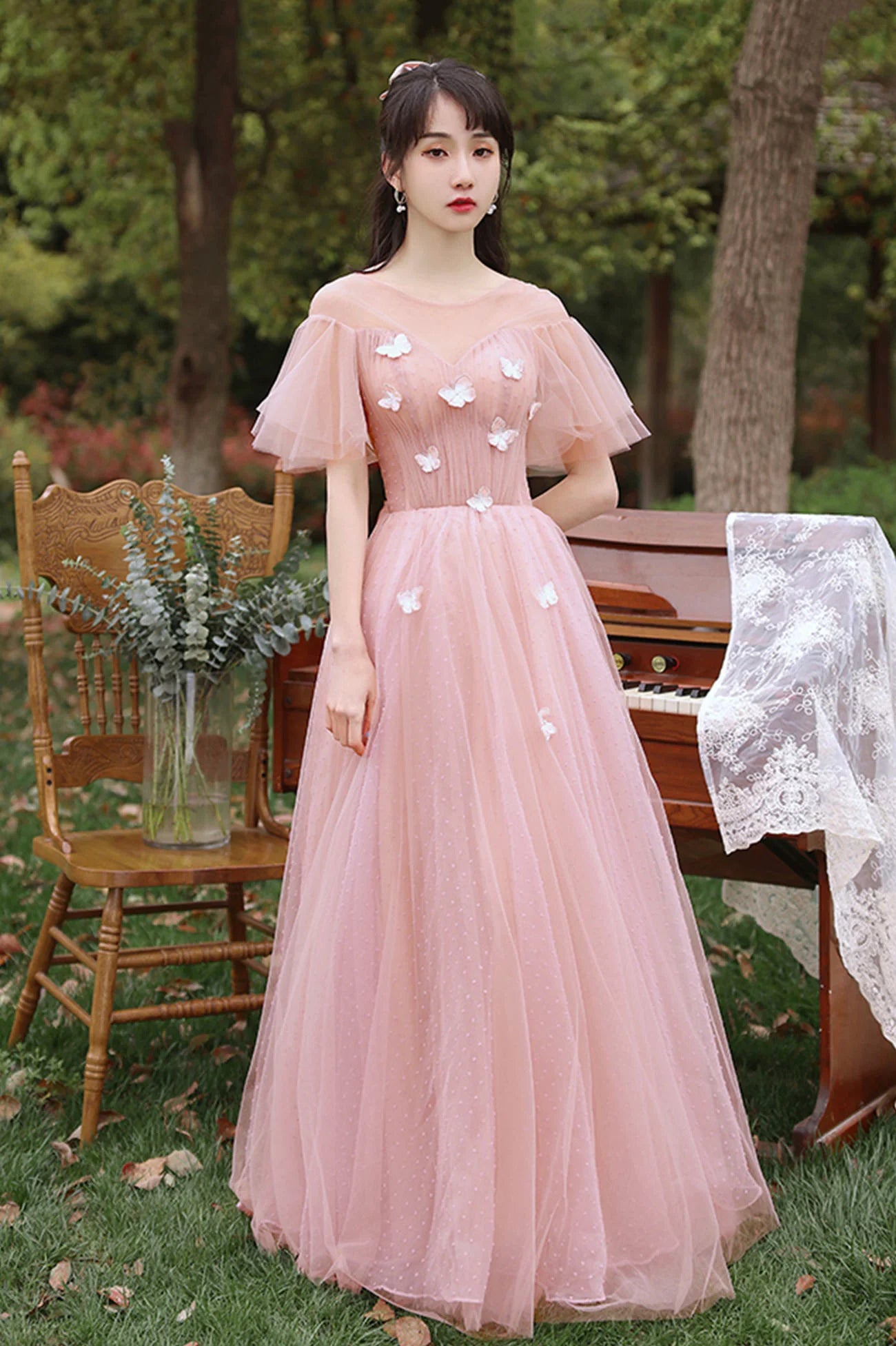 Pink A-Line Pink Tulle Long Prom Dresses Tulle Party Dresses