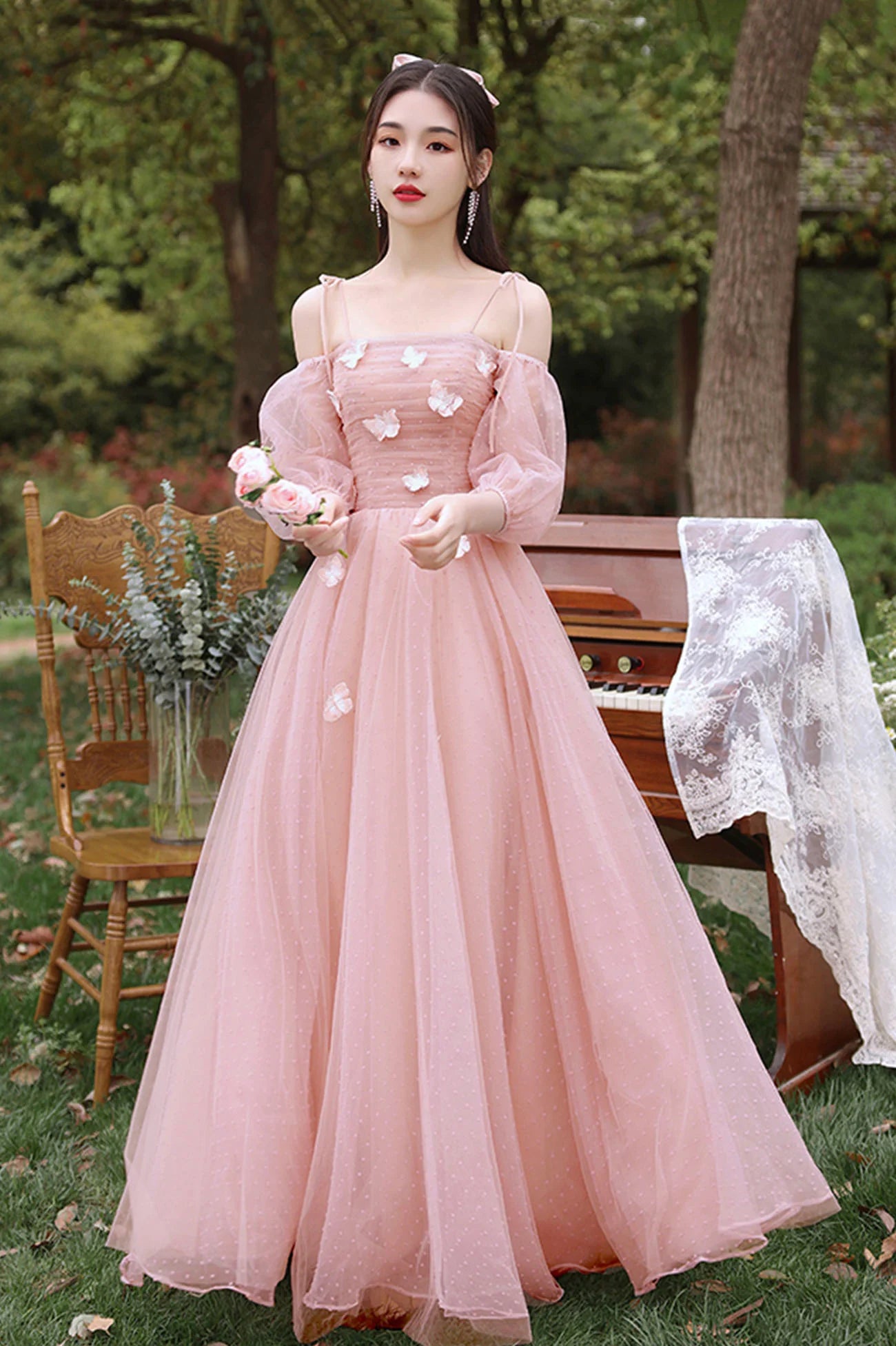 Pink A-Line Pink Tulle Long Prom Dresses Tulle Party Dresses