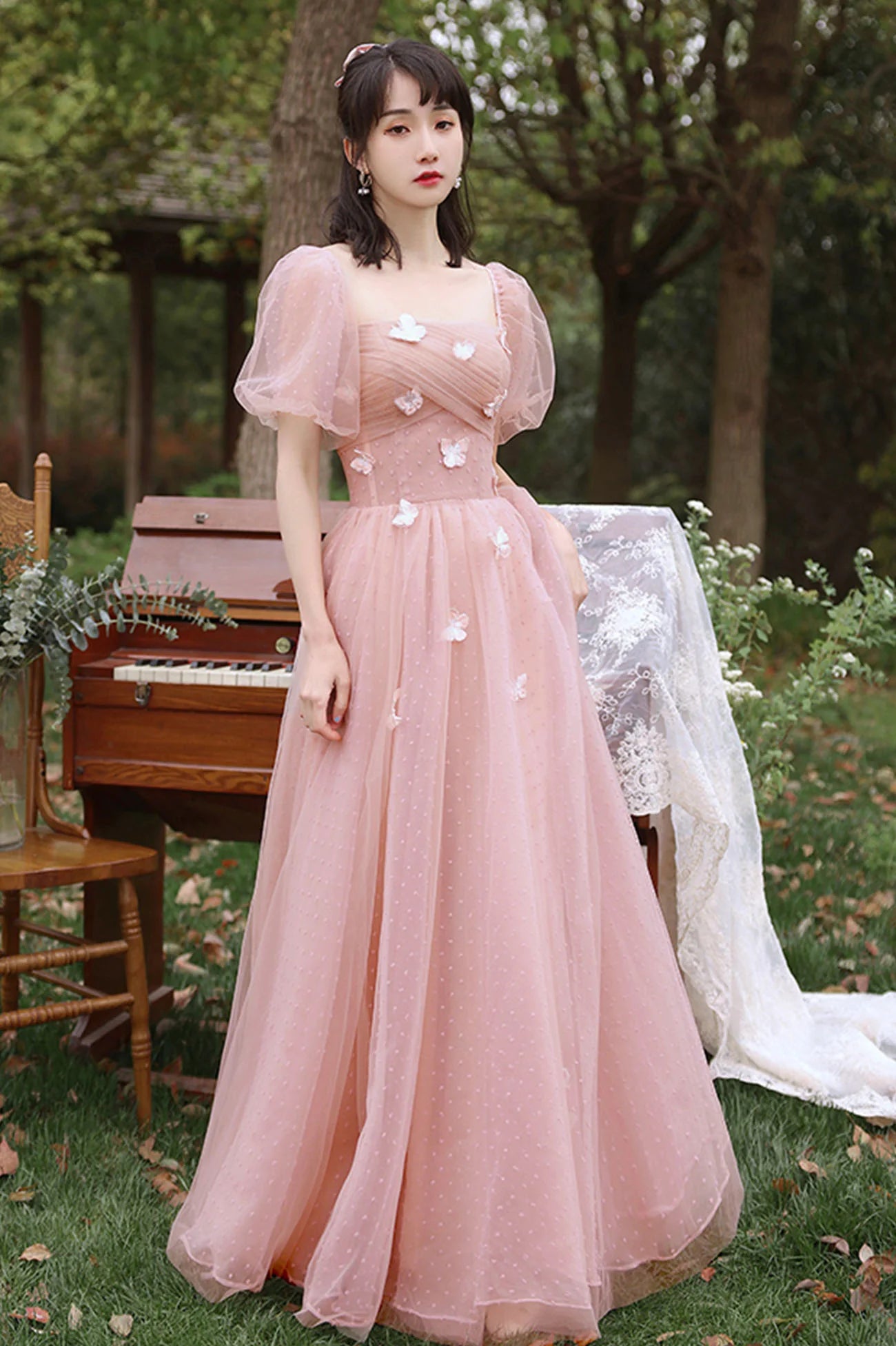 Pink A-Line Pink Tulle Long Prom Dresses Tulle Party Dresses