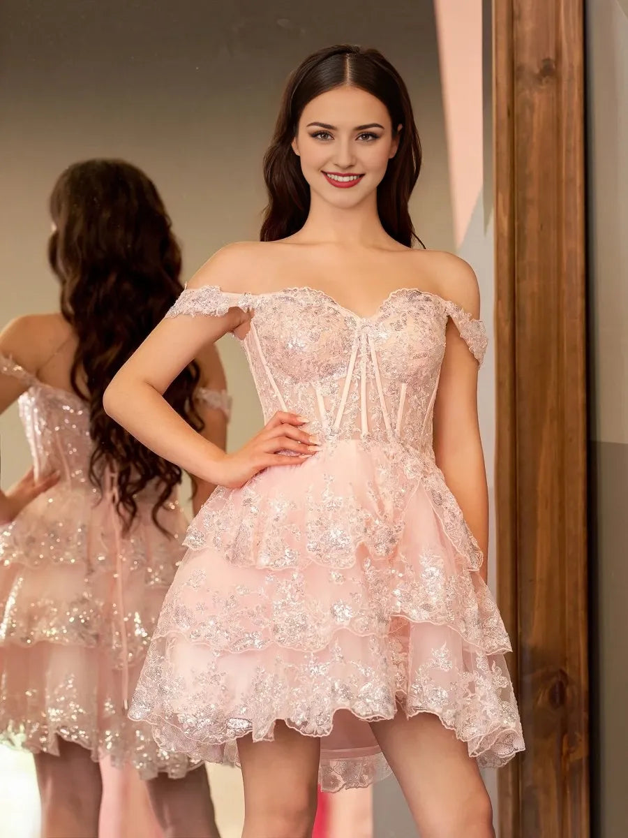 Pink A-Line Sweetheart Tiered Short Length Off-the-Shoulder Sweetheart Neckline Sleeveless Lace-up Back Ruffles Sequins