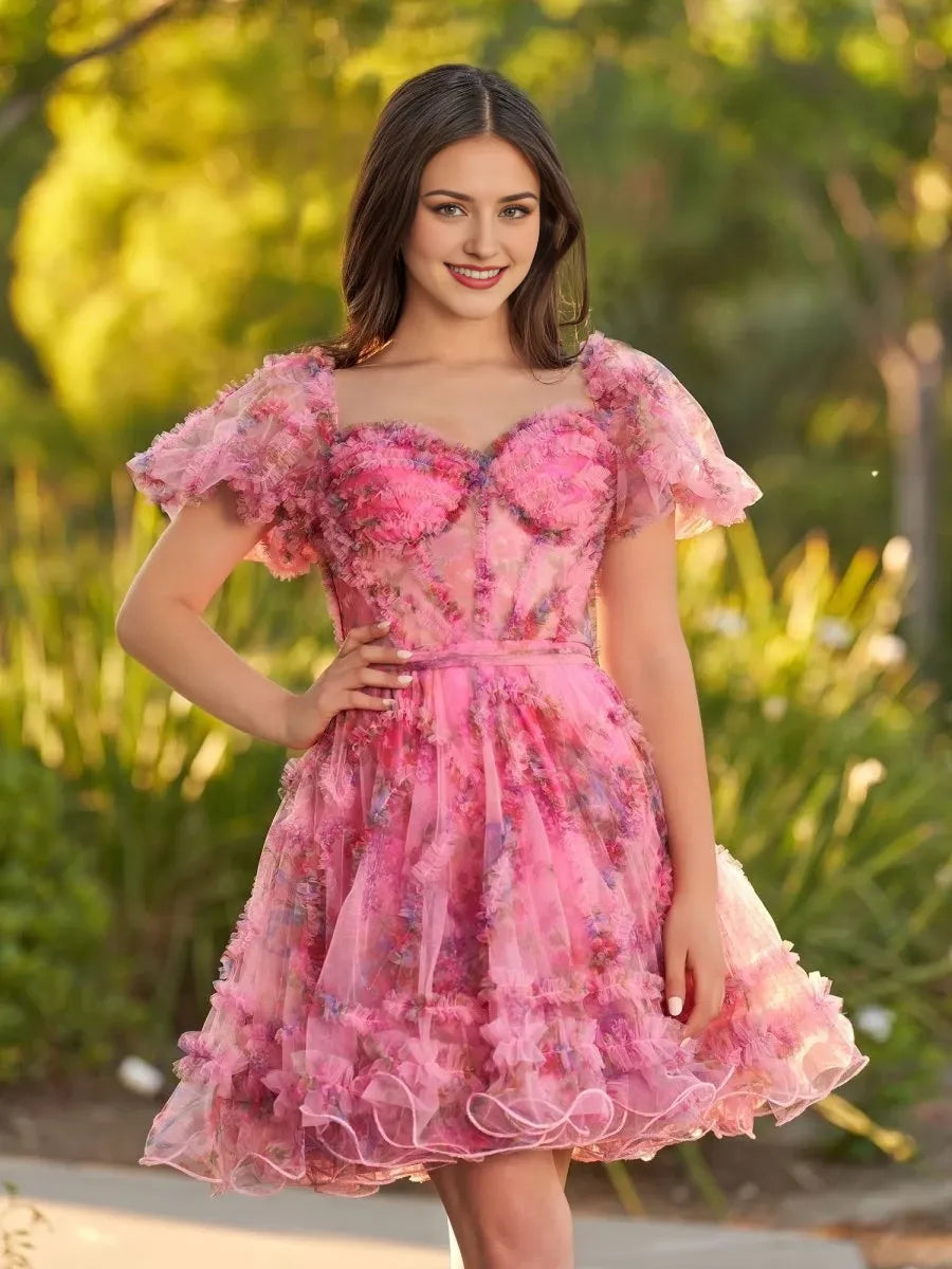 Pink A Line Off the Shoulder Short Sleeves Printed Lace-Up Back Short Length Party Dresses Homecoming Dress Prom Dress