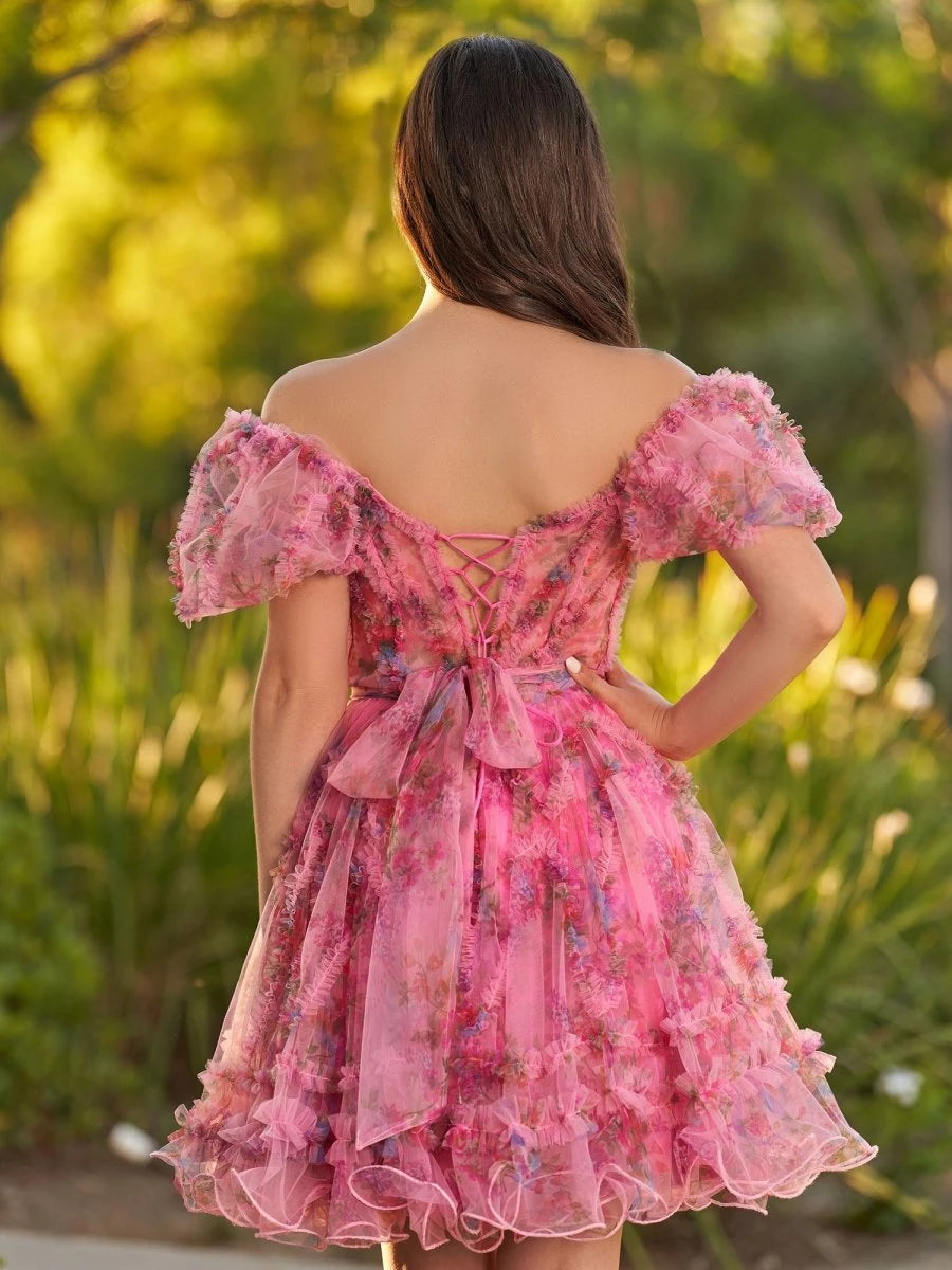 Pink A Line Off the Shoulder Short Sleeves Printed Lace-Up Back Short Length Party Dresses Homecoming Dress Prom Dress