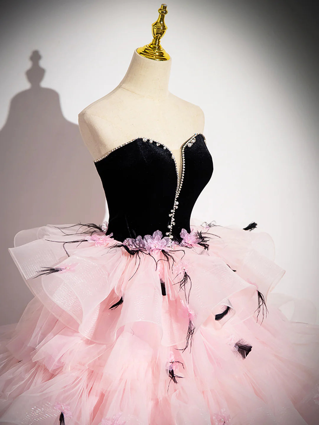 Pink Backless Ruffles Pink Tulle and Black Velvet Strapless Party Gown Formal Evening Dress