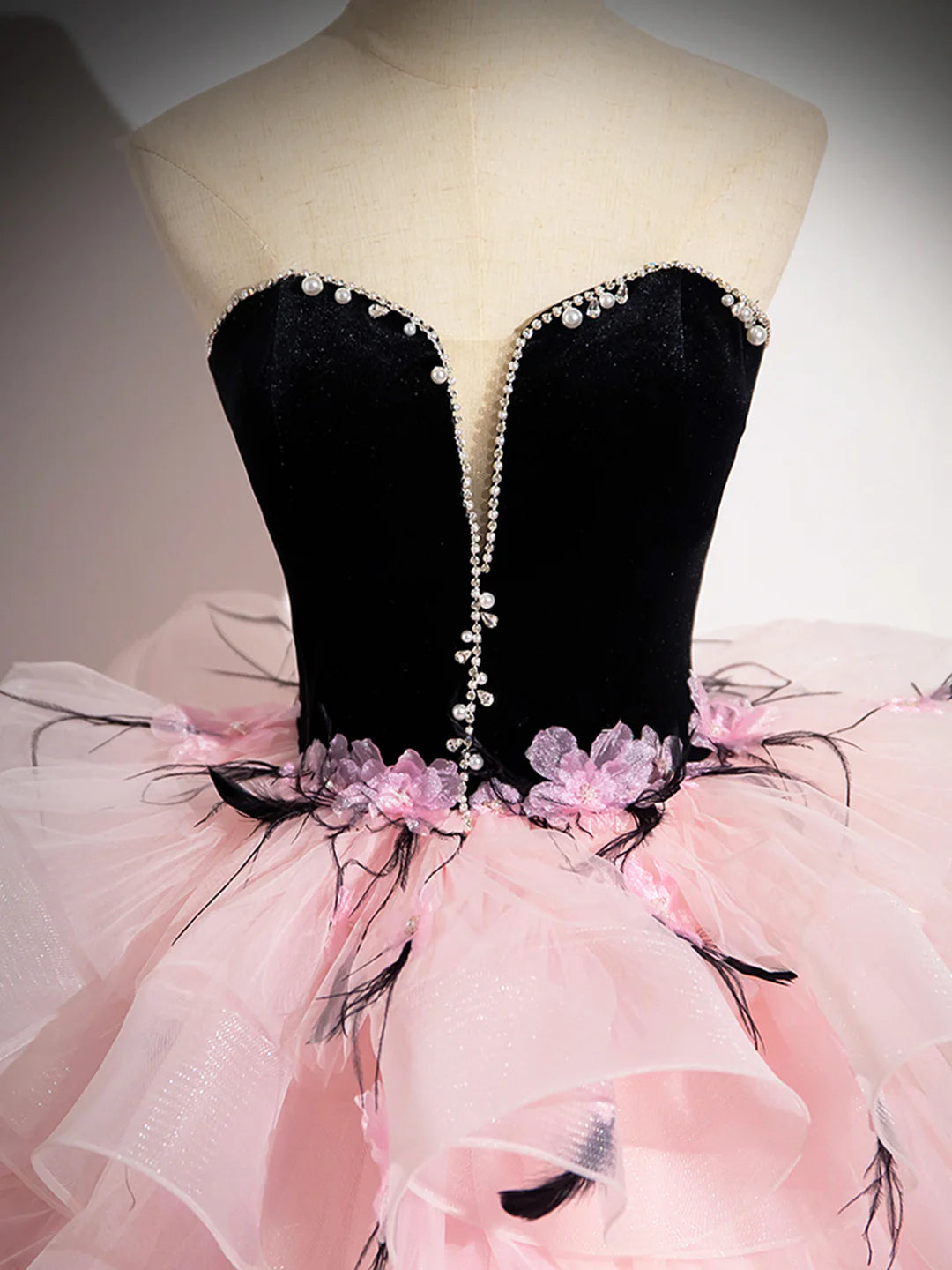 Pink Backless Ruffles Pink Tulle and Black Velvet Strapless Party Gown Formal Evening Dress
