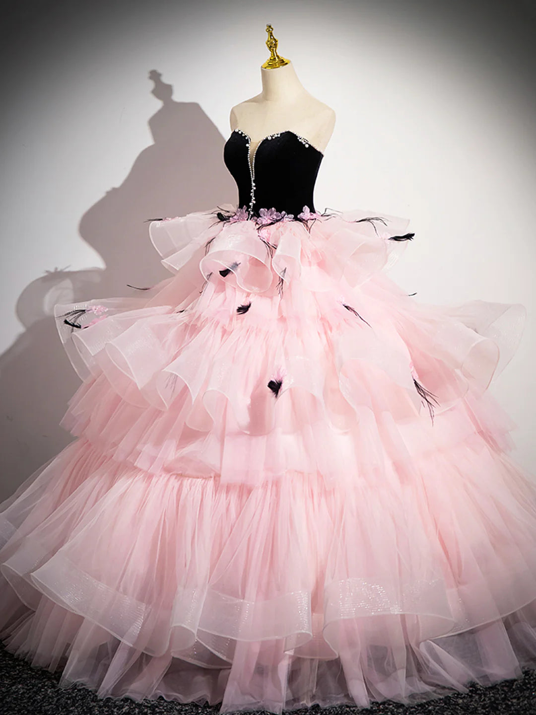 Pink Backless Ruffles Pink Tulle and Black Velvet Strapless Party Gown Formal Evening Dress