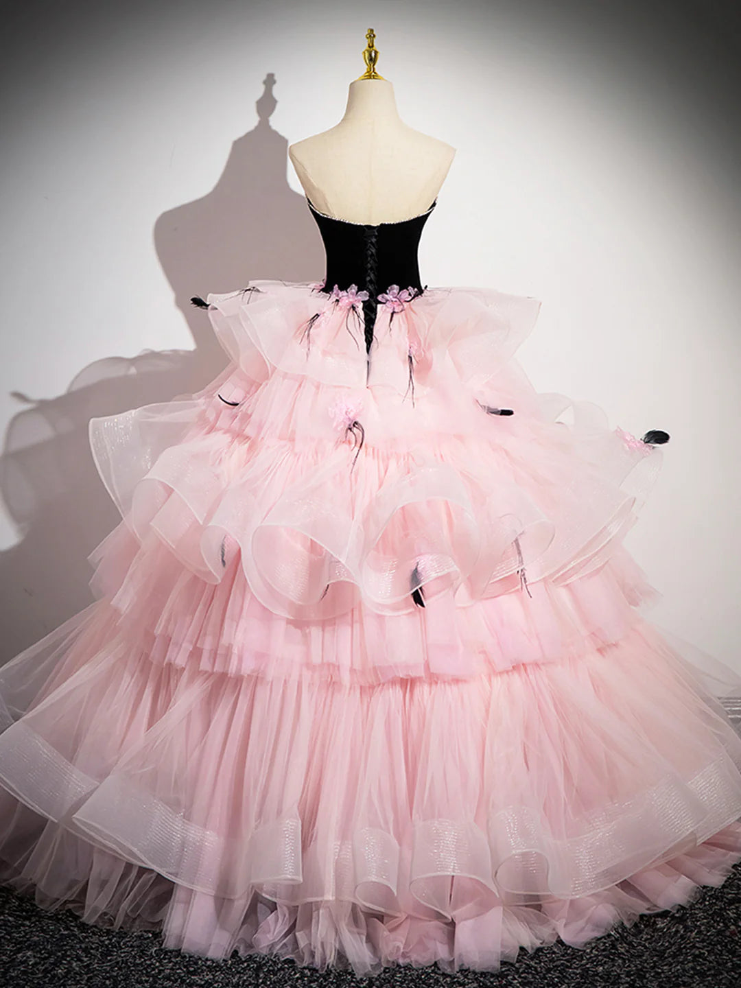 Pink Backless Ruffles Pink Tulle and Black Velvet Strapless Party Gown Formal Evening Dress