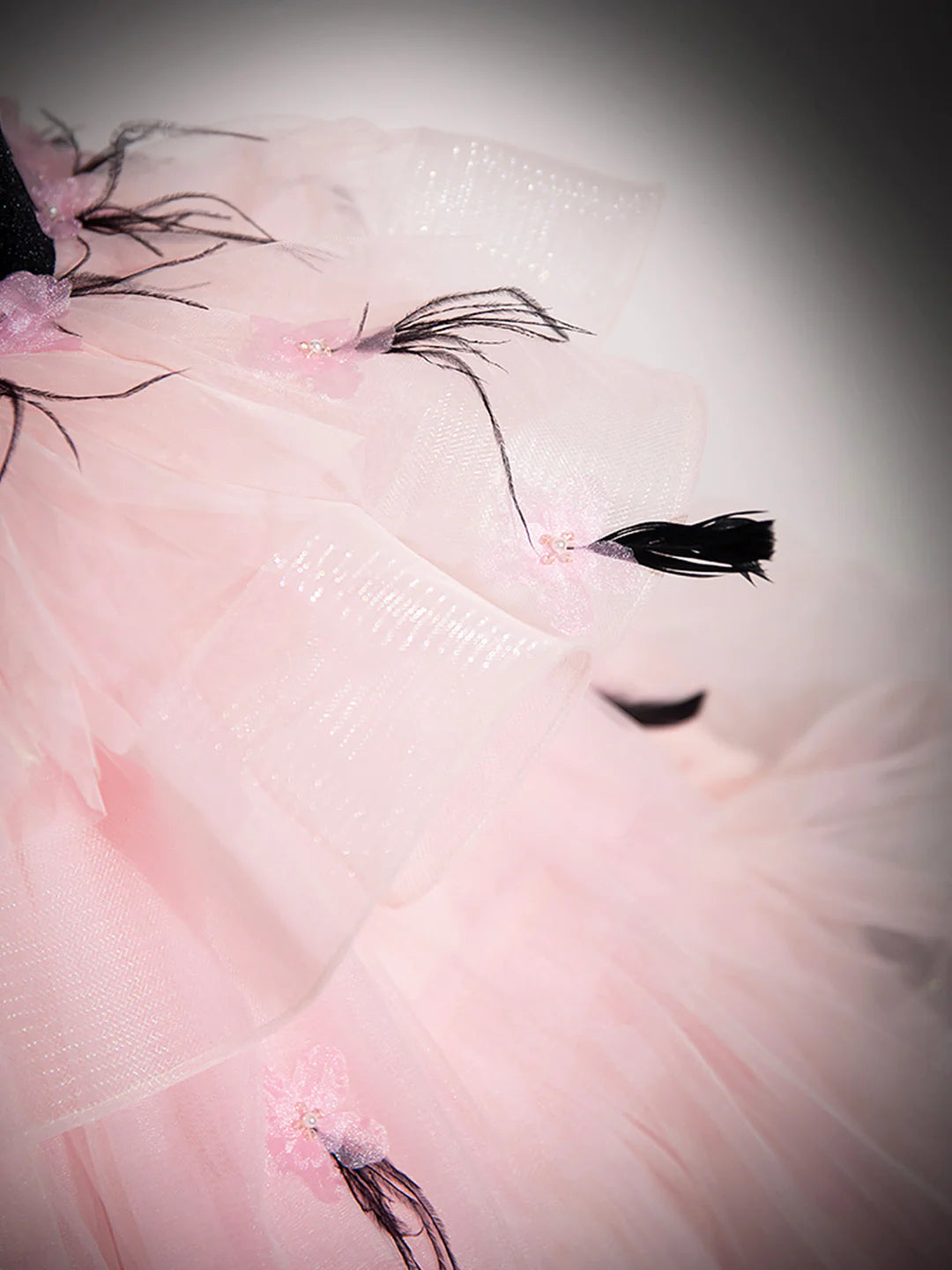 Pink Backless Ruffles Pink Tulle and Black Velvet Strapless Party Gown Formal Evening Dress