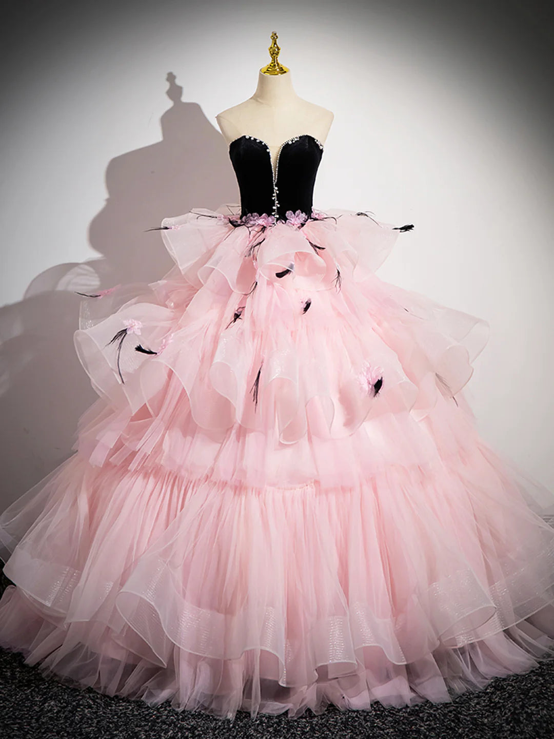 Pink Backless Ruffles Pink Tulle and Black Velvet Strapless Party Gown Formal Evening Dress