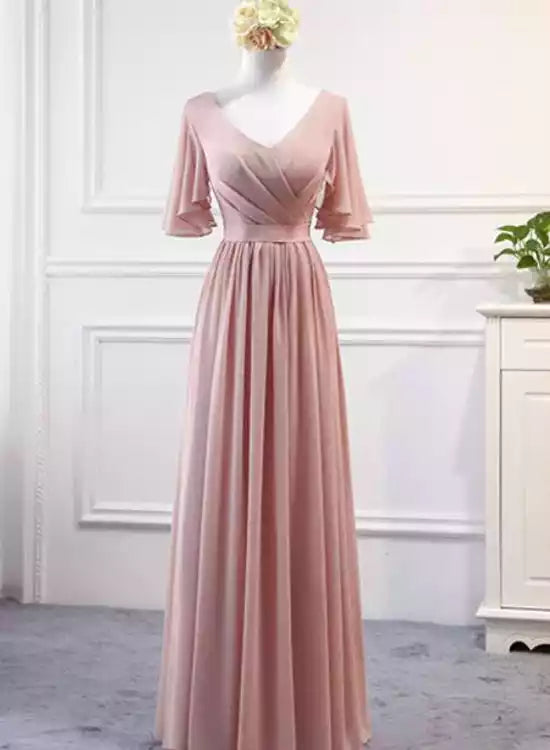 Pink Chiffon Short Sleeves Long Formal Gowns Pink Party Dresses  Bridesmaid Dresses