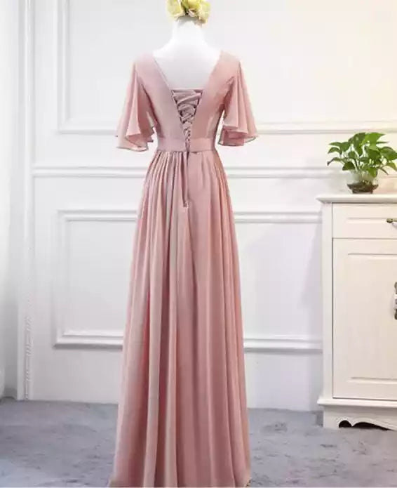 Pink Chiffon Short Sleeves Long Formal Gowns Pink Party Dresses  Bridesmaid Dresses