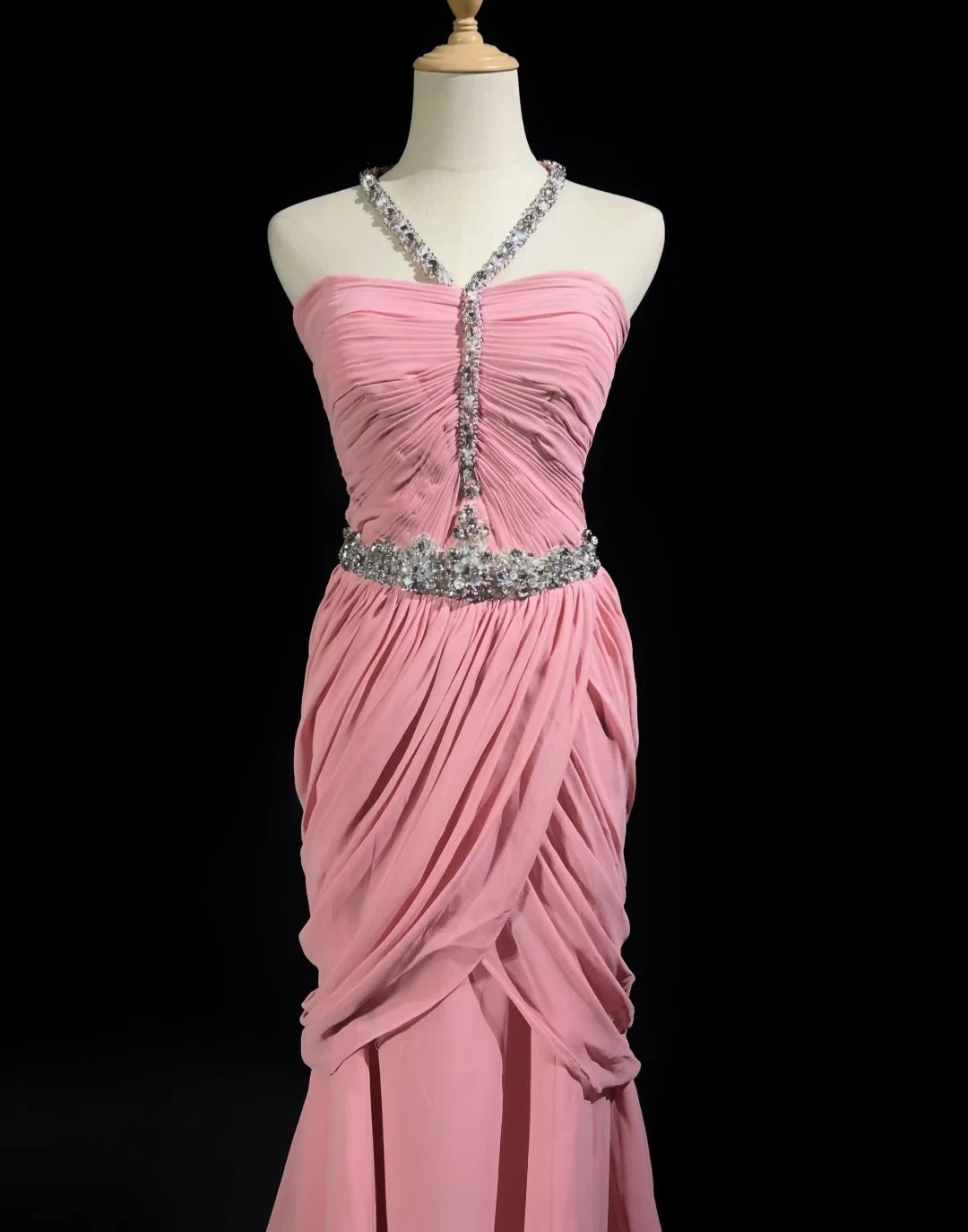 Pink Halter Neck Mermaid Chiffon Sleeveless Off-the-shoulder Beading Vintage Long Prom Dress Cocktail Dress Homecoming Dress Evening Dress Party Dress