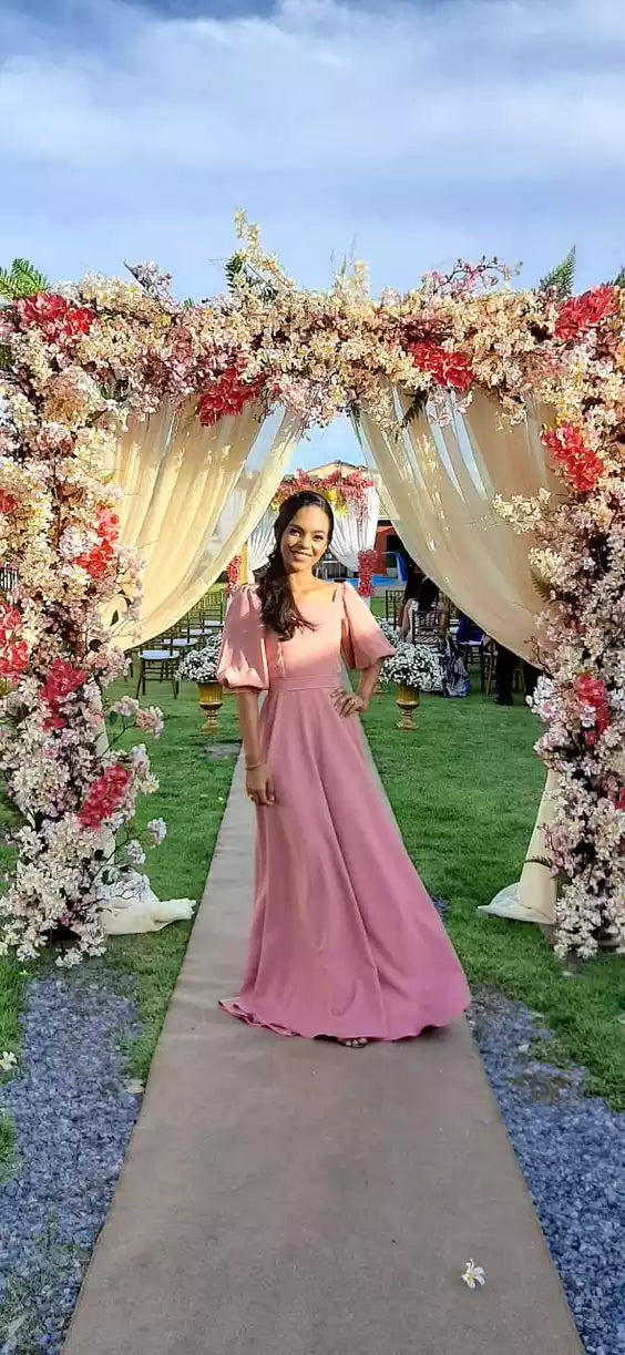 Pink Long Short Sleeves Prom Dress Formal Graduation Evening Dresses Bridesmaid dress