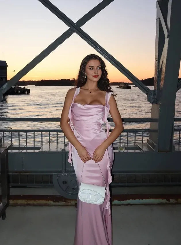 Pink Mermaid Ruffle Straps Satin Long Floor length Off-the-shoulder Sleeveless Prom Dress Cocktail Dress Homecoming Dress Evening Dress Party Dress