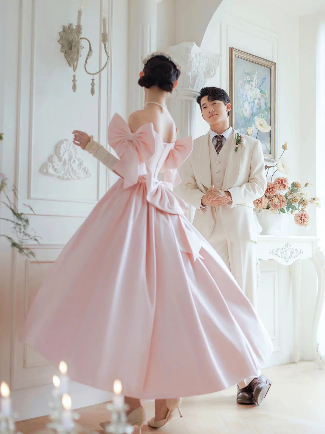 Pink Off the Shoulder Prom Dress Lovely Satin Tea Length Evening Party Dress with Bows Homecoming Dress