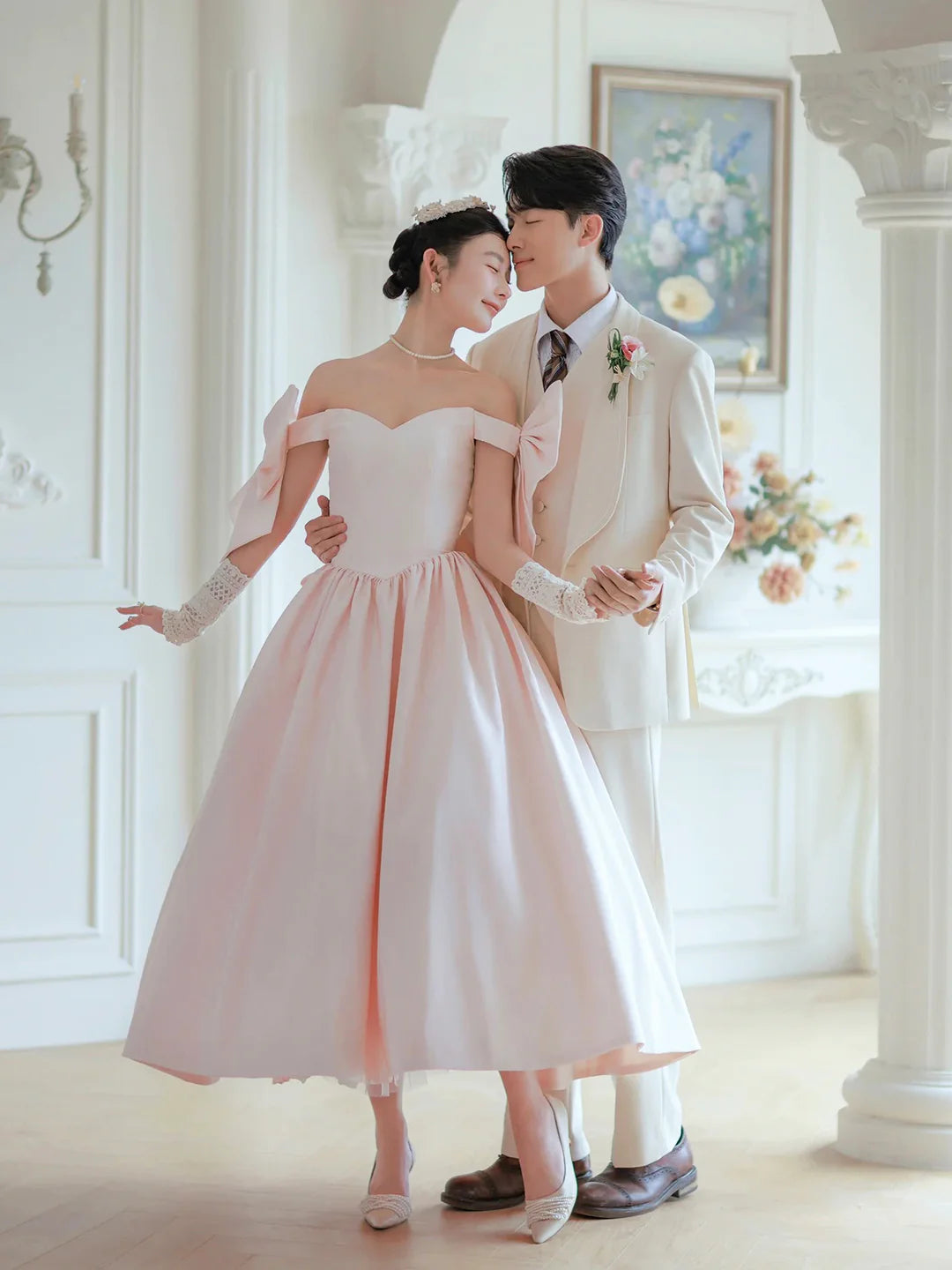 Pink Off the Shoulder Prom Dress Lovely Satin Tea Length Evening Party Dress with Bows Homecoming Dress