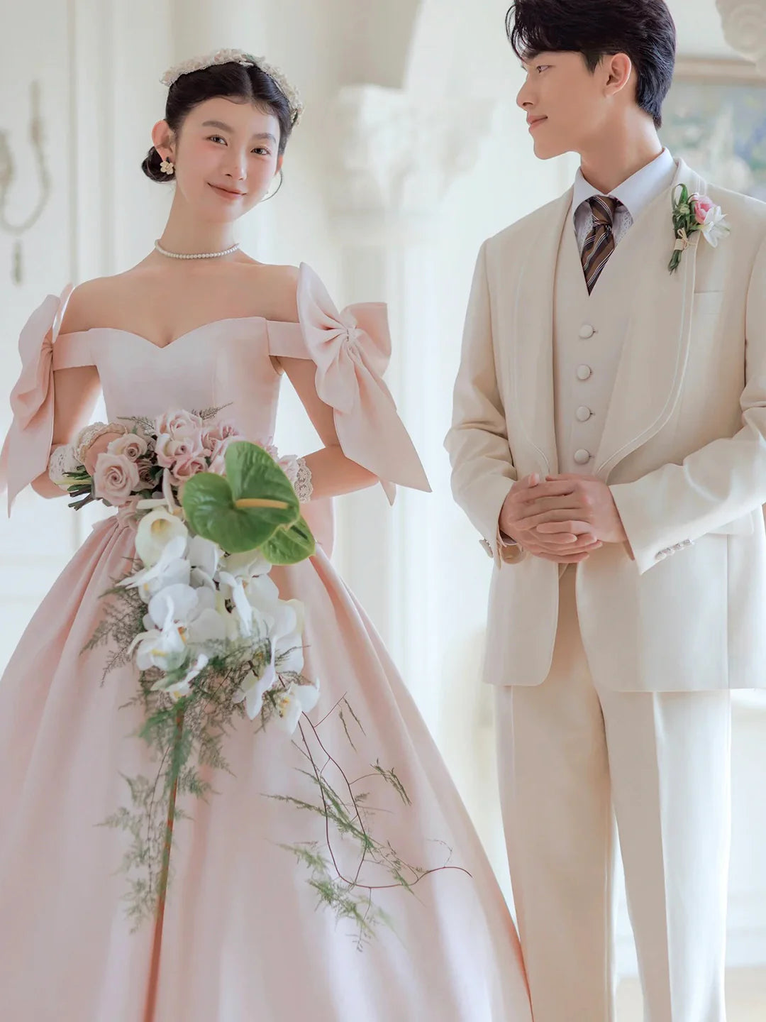 Pink Off the Shoulder Prom Dress Lovely Satin Tea Length Evening Party Dress with Bows Homecoming Dress