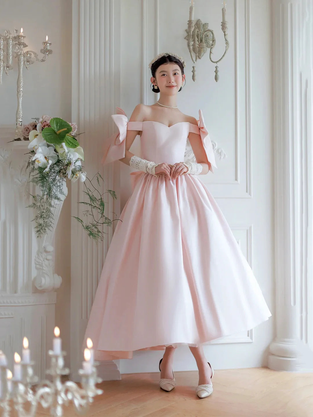 Pink Off the Shoulder Prom Dress Lovely Satin Tea Length Evening Party Dress with Bows Homecoming Dress