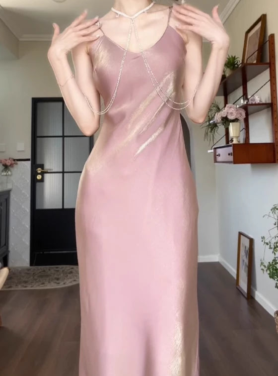 Pink Pretty Mermaid Spaghetti Strap Sleeveless Off-the-shoulder Floor length Satin Wedding Dress Prom Dress Cocktail Dress Homecoming Dress Evening Dress Party Dress