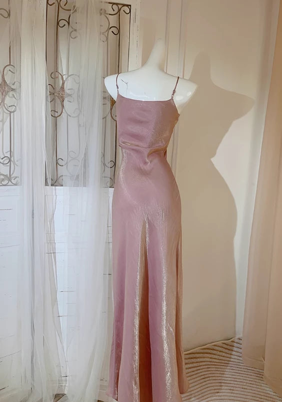 Pink Pretty Mermaid Spaghetti Strap Sleeveless Off-the-shoulder Floor length Satin Wedding Dress Prom Dress Cocktail Dress Homecoming Dress Evening Dress Party Dress