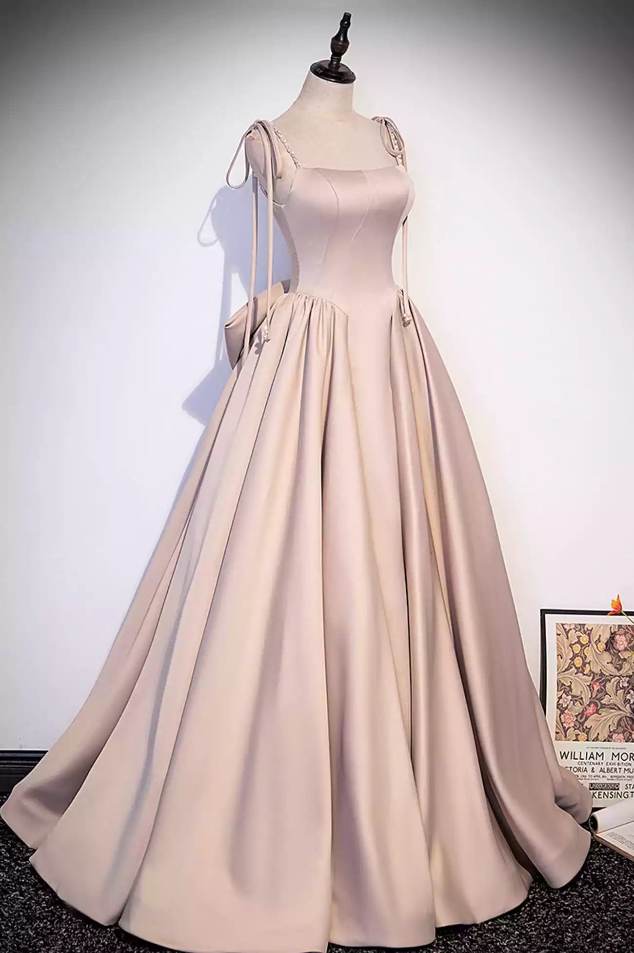 Pink Satin Floor Length Long Formal Dresses Graduation Dresses with Bows