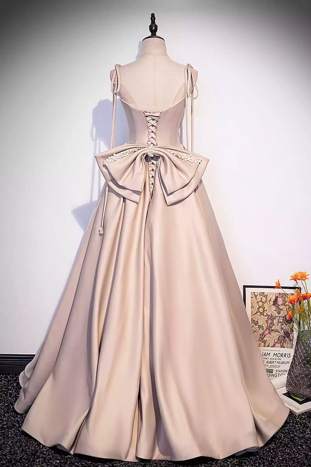 Pink Satin Floor Length Long Formal Dresses Graduation Dresses with Bows
