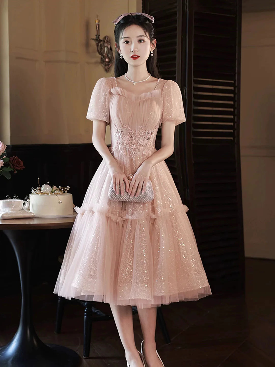 Pink Short Sleeve Pink Tulle Sequins Sweetheart Short Prom Dress Party Dress