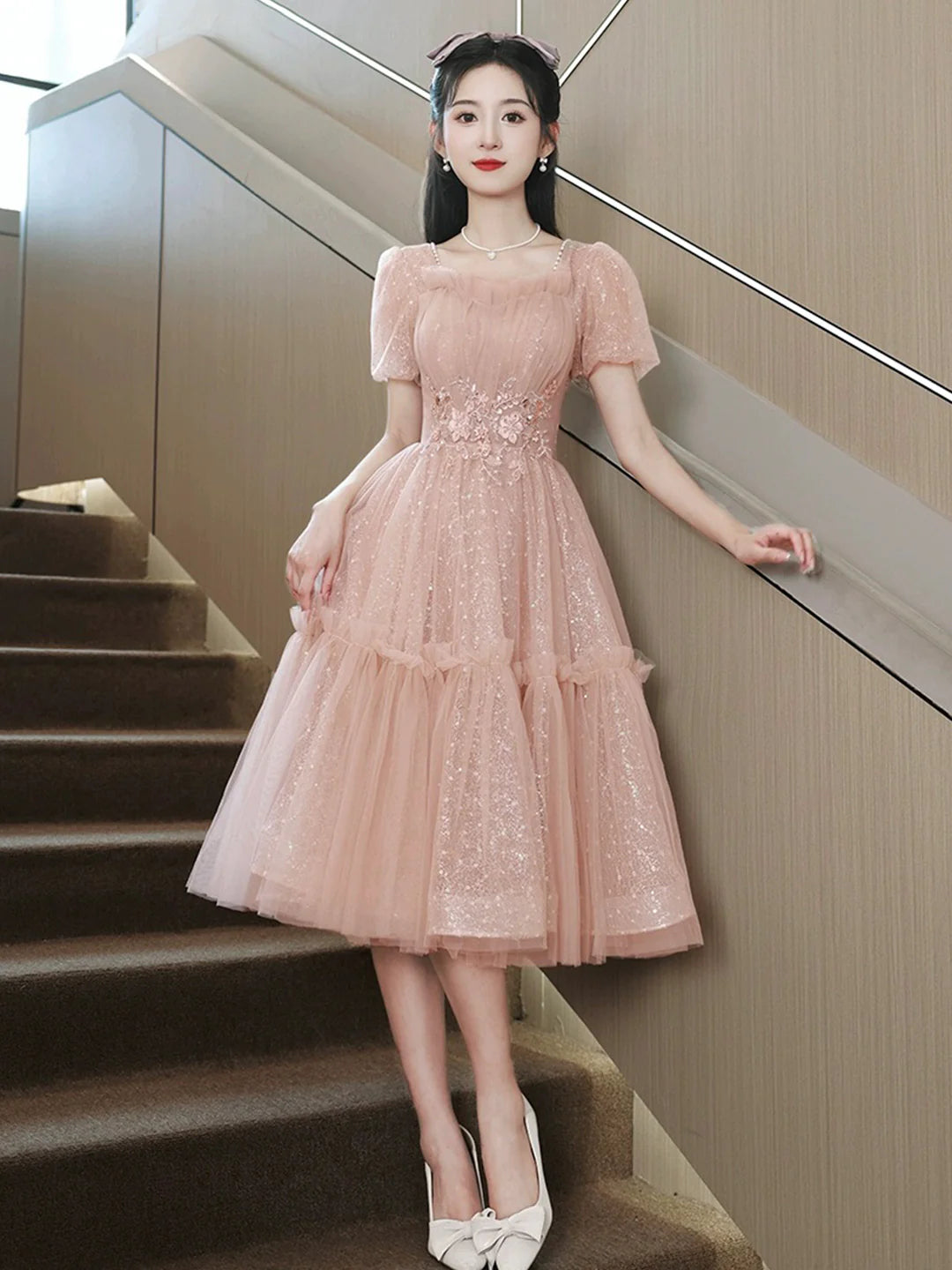 Pink Short Sleeve Pink Tulle Sequins Sweetheart Short Prom Dress Party Dress