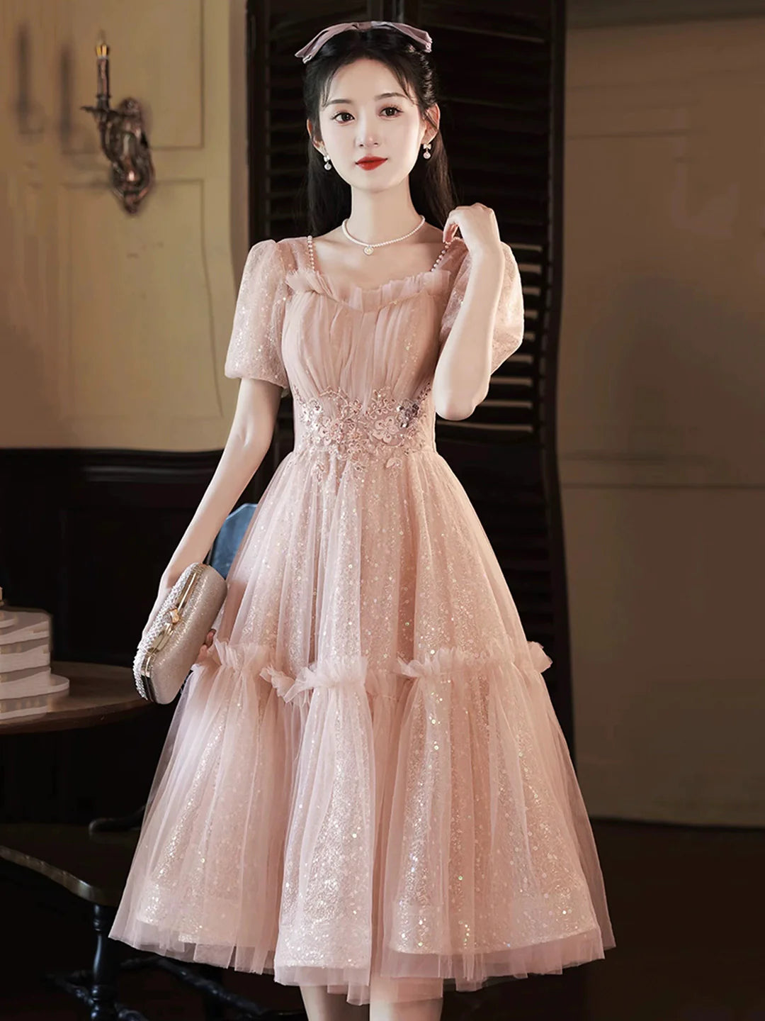 Pink Short Sleeve Pink Tulle Sequins Sweetheart Short Prom Dress Party Dress