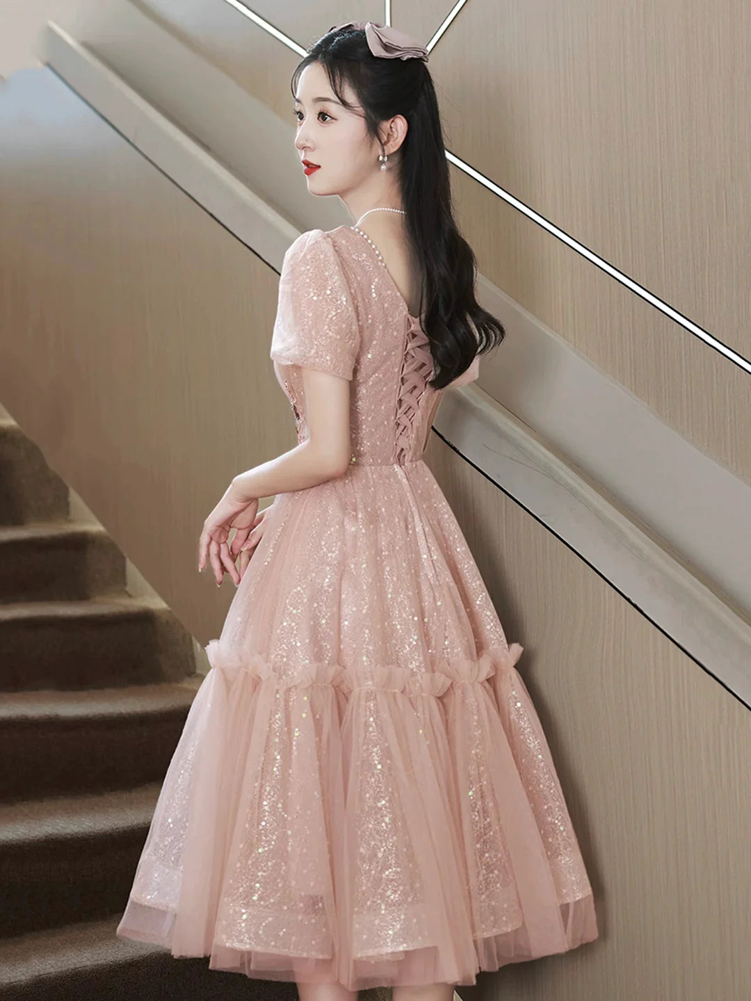 Pink Short Sleeve Pink Tulle Sequins Sweetheart Short Prom Dress Party Dress