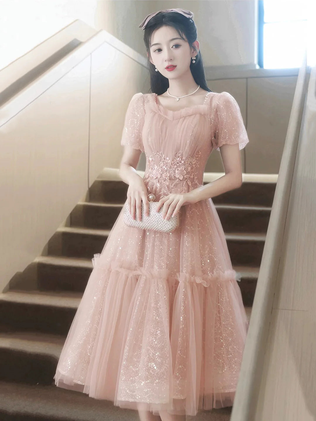 Pink Short Sleeve Pink Tulle Sequins Sweetheart Short Prom Dress Party Dress