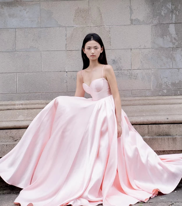 Pink Simple A Line Spaghetti Strap Satin Sleeveless Off-the-shoulder Long Prom Dress Cocktail Dress Homecoming Dress Evening Dress Party Dress