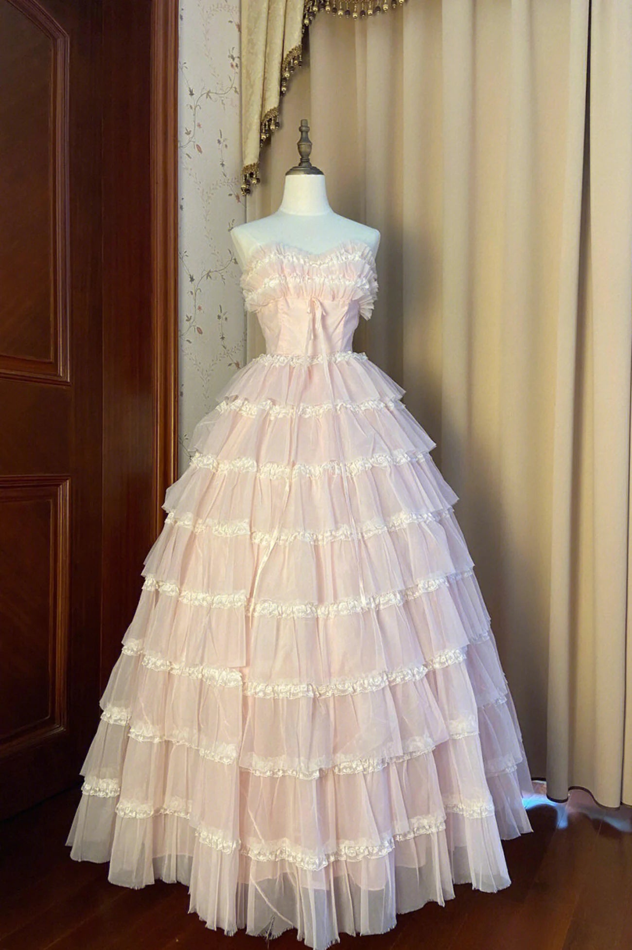 Pink Strapless Layers Tulle Long  Glam Prom Dress Formal Gown Party Dress