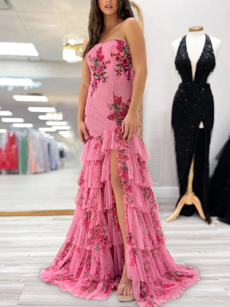 Pink Strapless Sequins Floral Printed Ruffle Tiered Mermaid With Slit Party Dresses Homecoming Dress Prom Dress