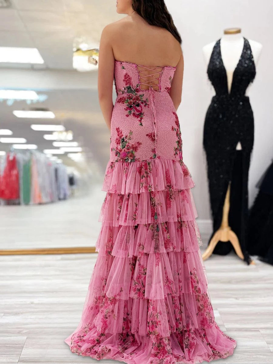 Pink Strapless Sequins Floral Printed Ruffle Tiered Mermaid With Slit Party Dresses Homecoming Dress Prom Dress