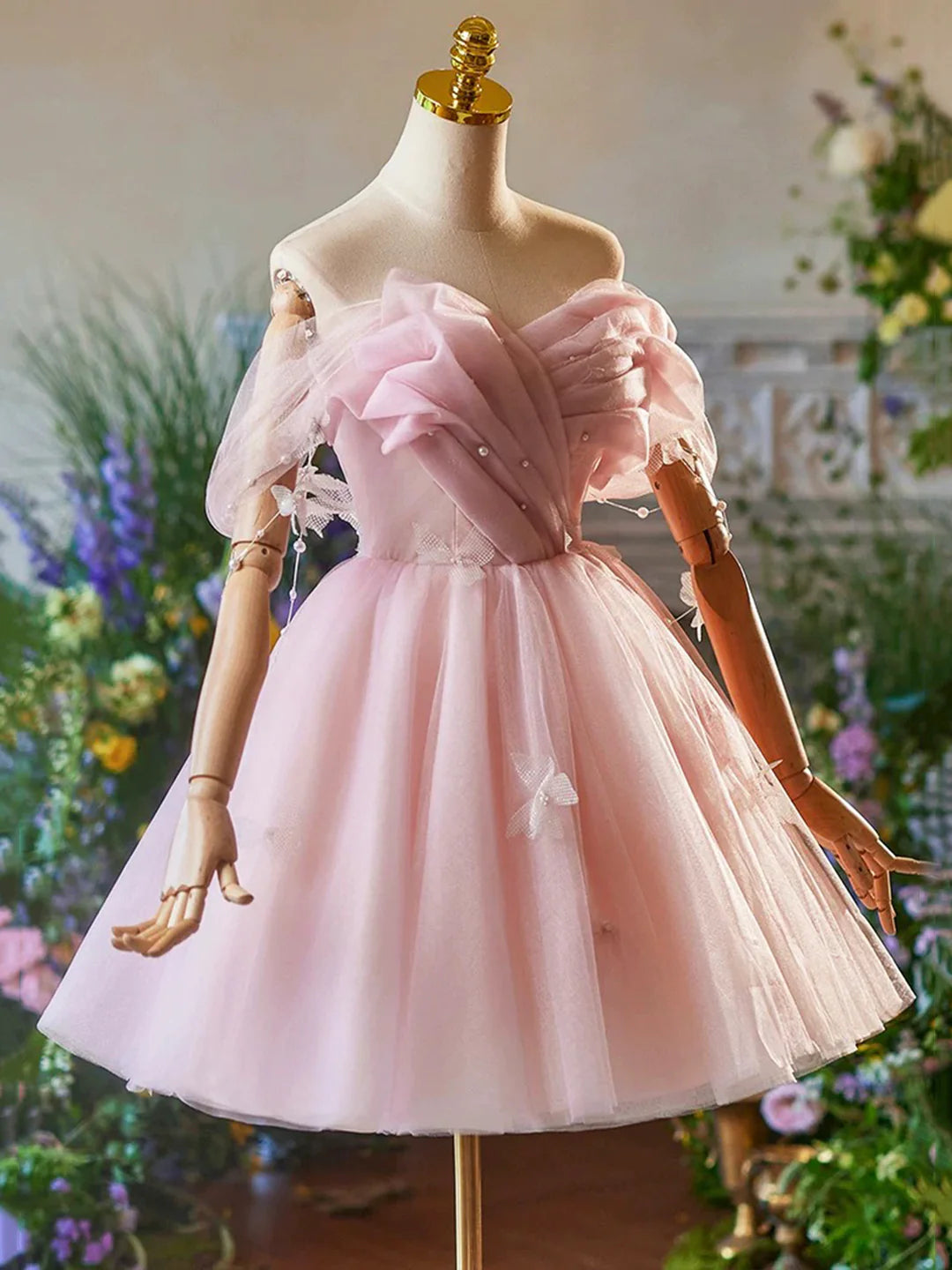 Pink Tulle  A-Line Party Dress Lovely Off the Shoulder Prom Dress Homecoming Dresses
