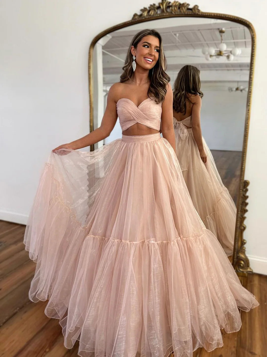 Pink Tulle Floor Length Long Formal Dress Two Pieces Evening Dress Pink Party Dress