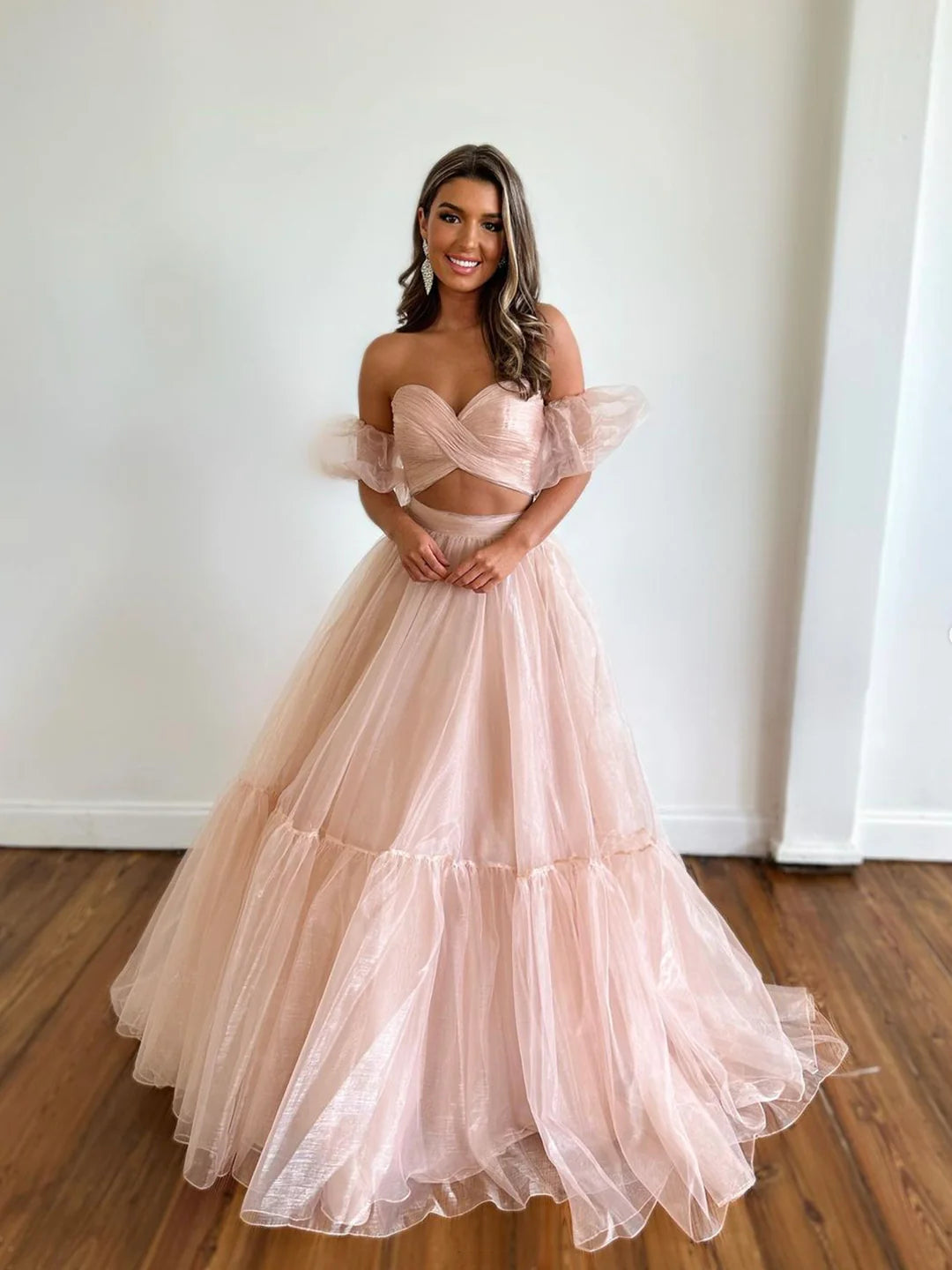 Pink Tulle Floor Length Long Formal Dress Two Pieces Evening Dress Pink Party Dress