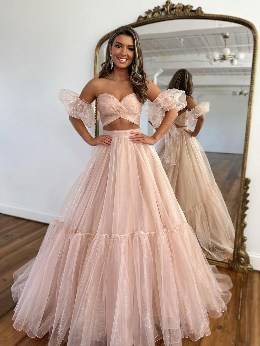 Pink Tulle Floor Length Long Formal Dress Two Pieces Evening Dress Pink Party Dress