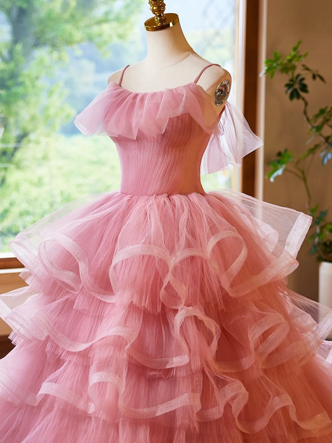 Pink Tulle Layers Lace-up Long A-Line Prom Dress Pink Spaghetti Strap Sweet 16 Dress Evening Dress