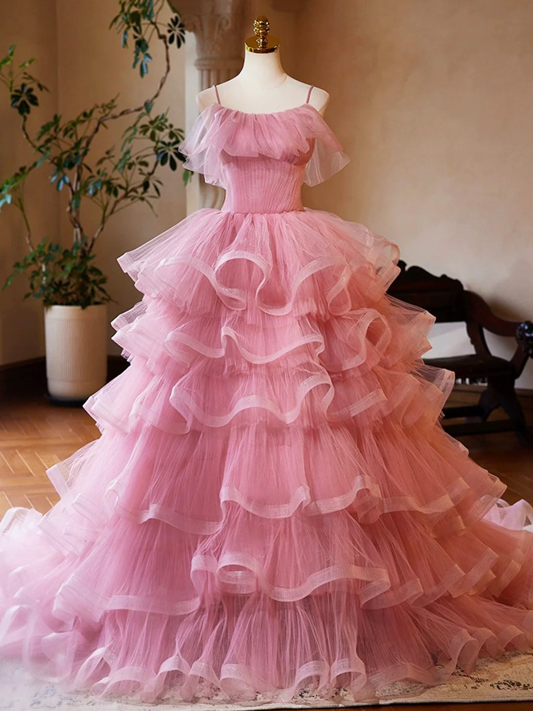 Pink Tulle Layers Lace-up Long A-Line Prom Dress Pink Spaghetti Strap Sweet 16 Dress Evening Dress