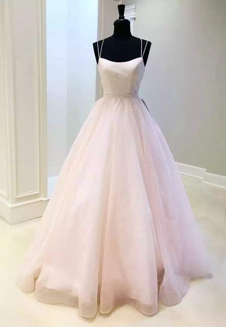 Pink Tulle Long A-Line Floor Length Prom Dresses Pink Formal Graduation Dresses