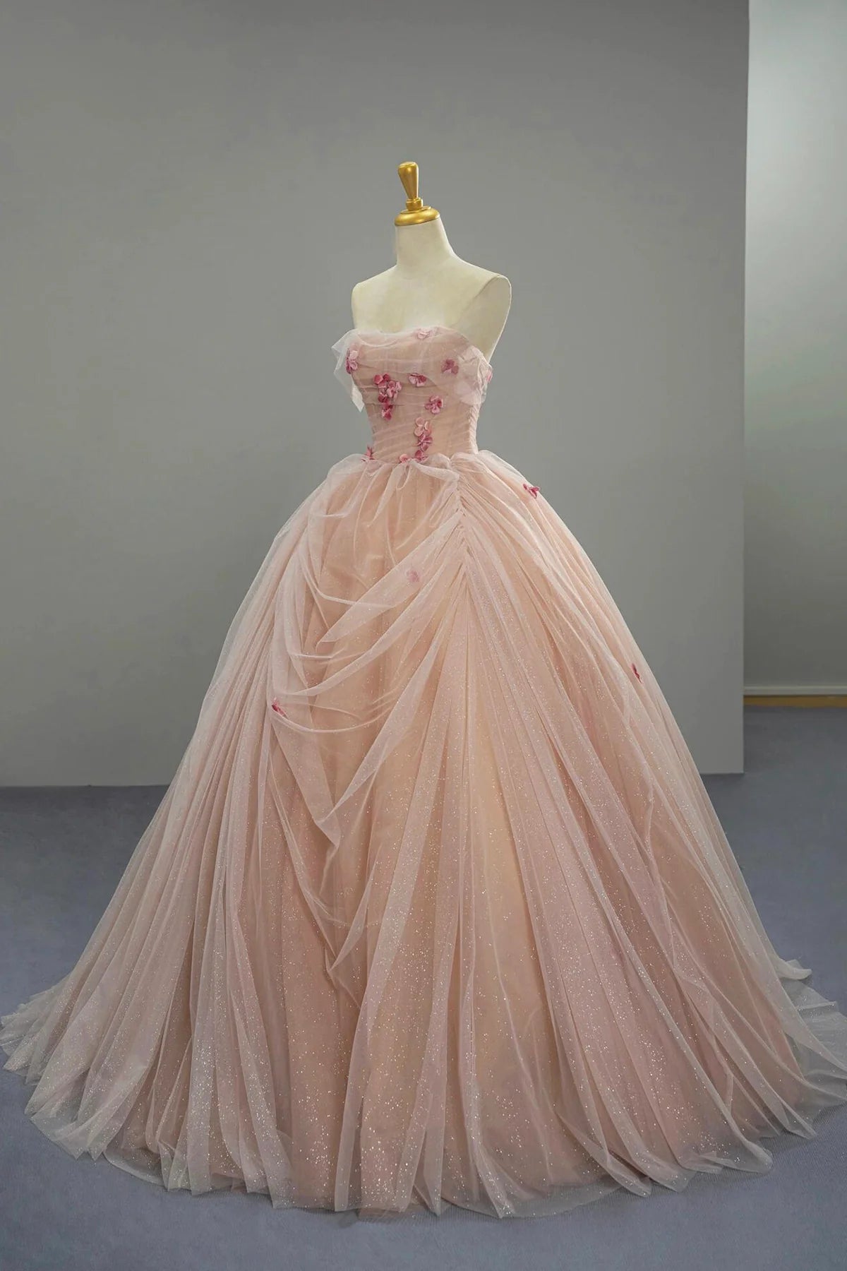 Pink Tulle Long Floor length Elegant A-Line Strapless Evening Formal Dress Wedding Dresses
