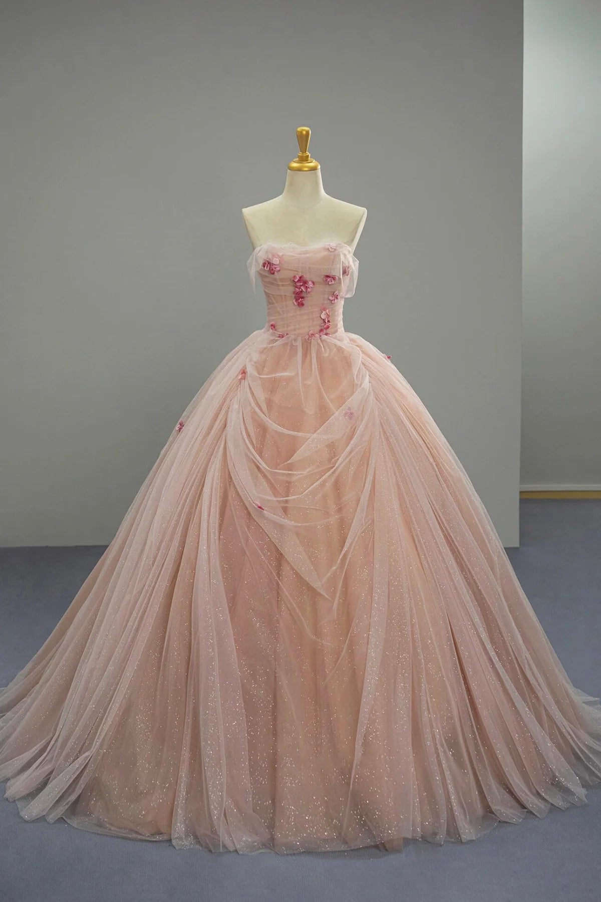 Pink Tulle Long Floor length Elegant A-Line Strapless Evening Formal Dress Wedding Dresses