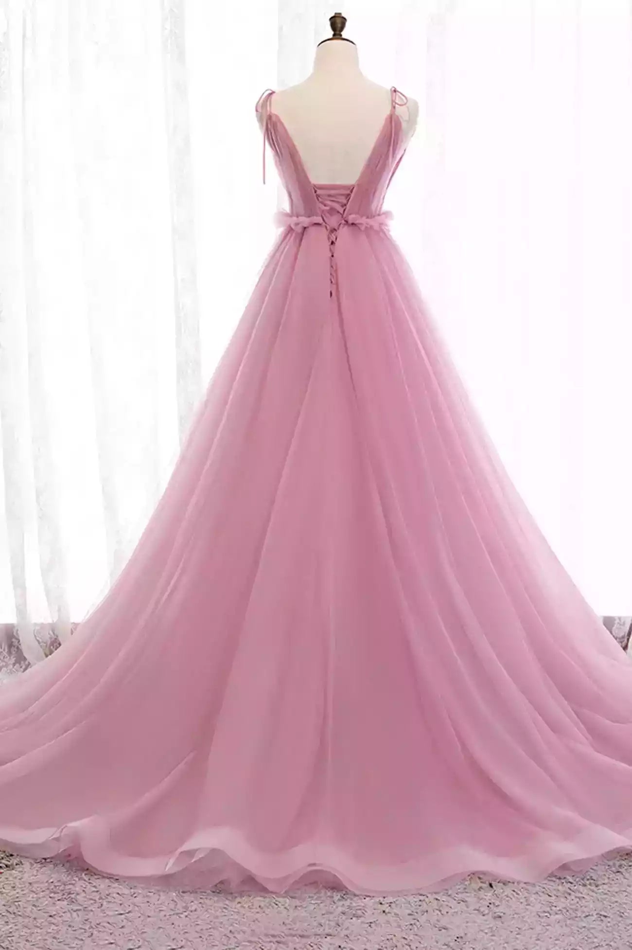 A-Line Pink Tulle Long Prom Dresses Evening Party Dresses