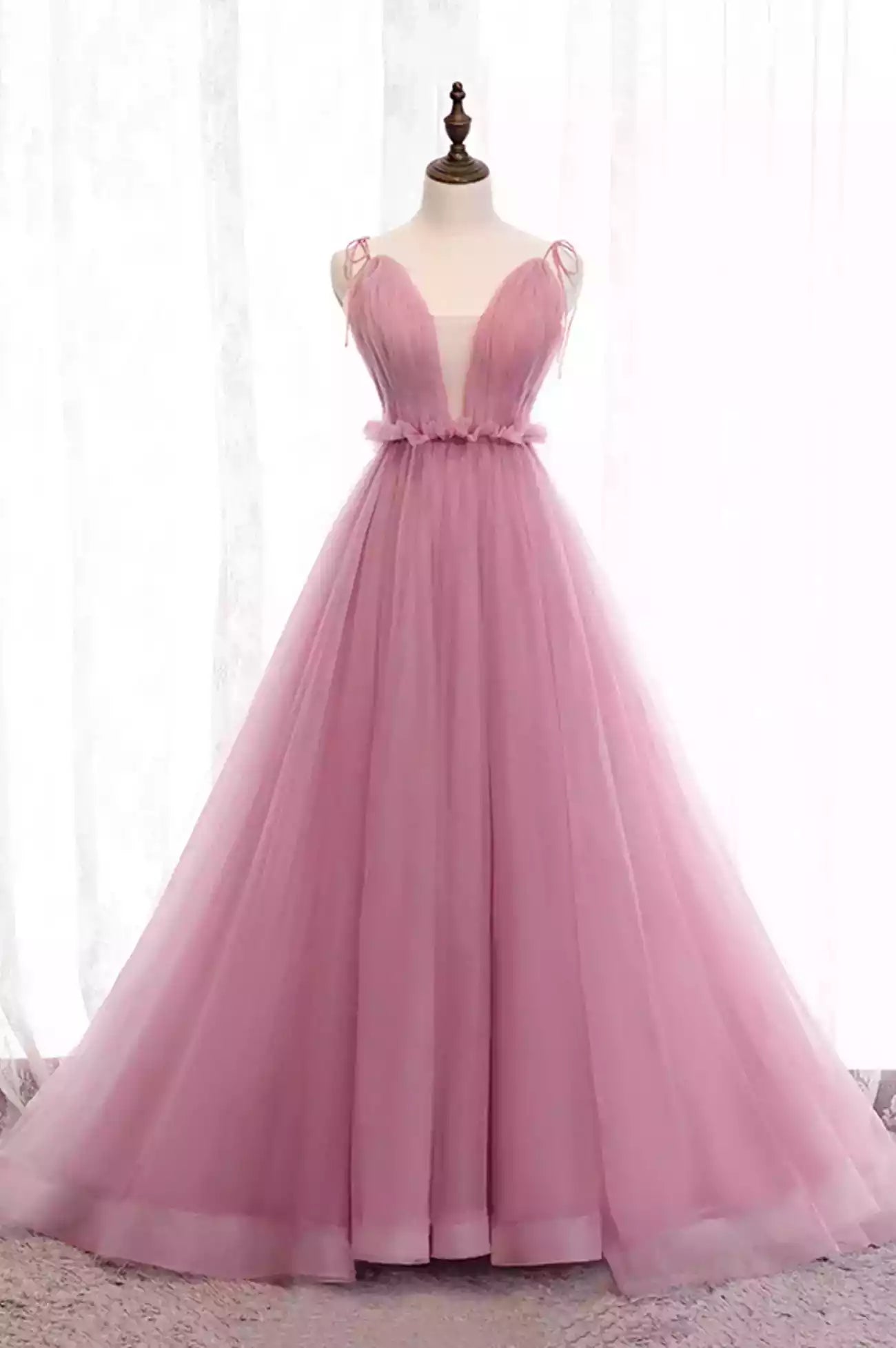 A-Line Pink Tulle Long Prom Dresses Evening Party Dresses