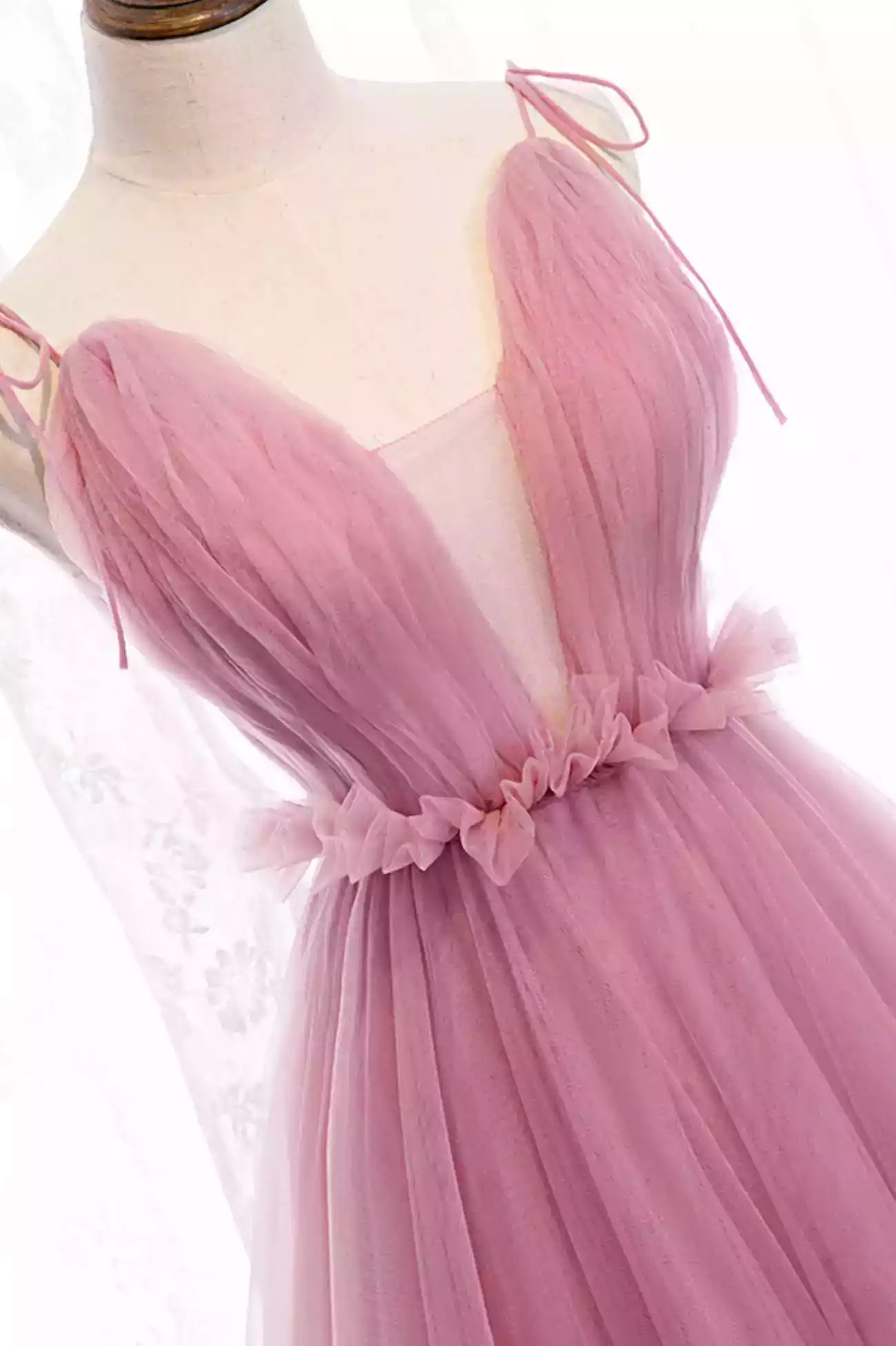 A-Line Pink Tulle Long Prom Dresses Evening Party Dresses