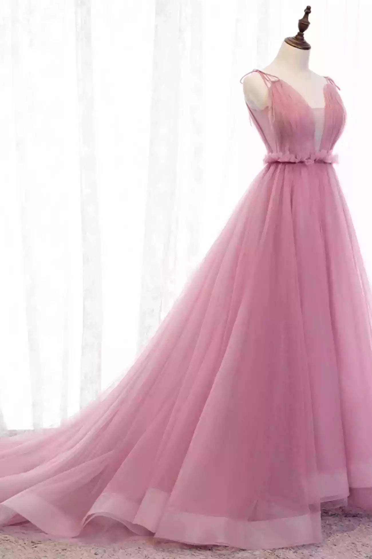 A-Line Pink Tulle Long Prom Dresses Evening Party Dresses