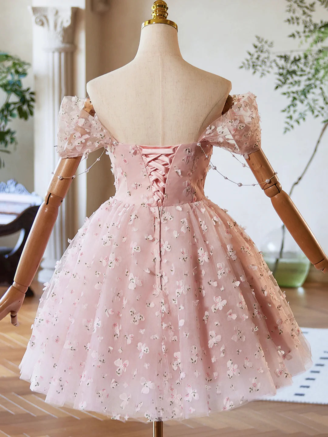 Pink Tulle Off the Shoulder Prom Dress Knee Length Evening Party DressHomecoming Dresses