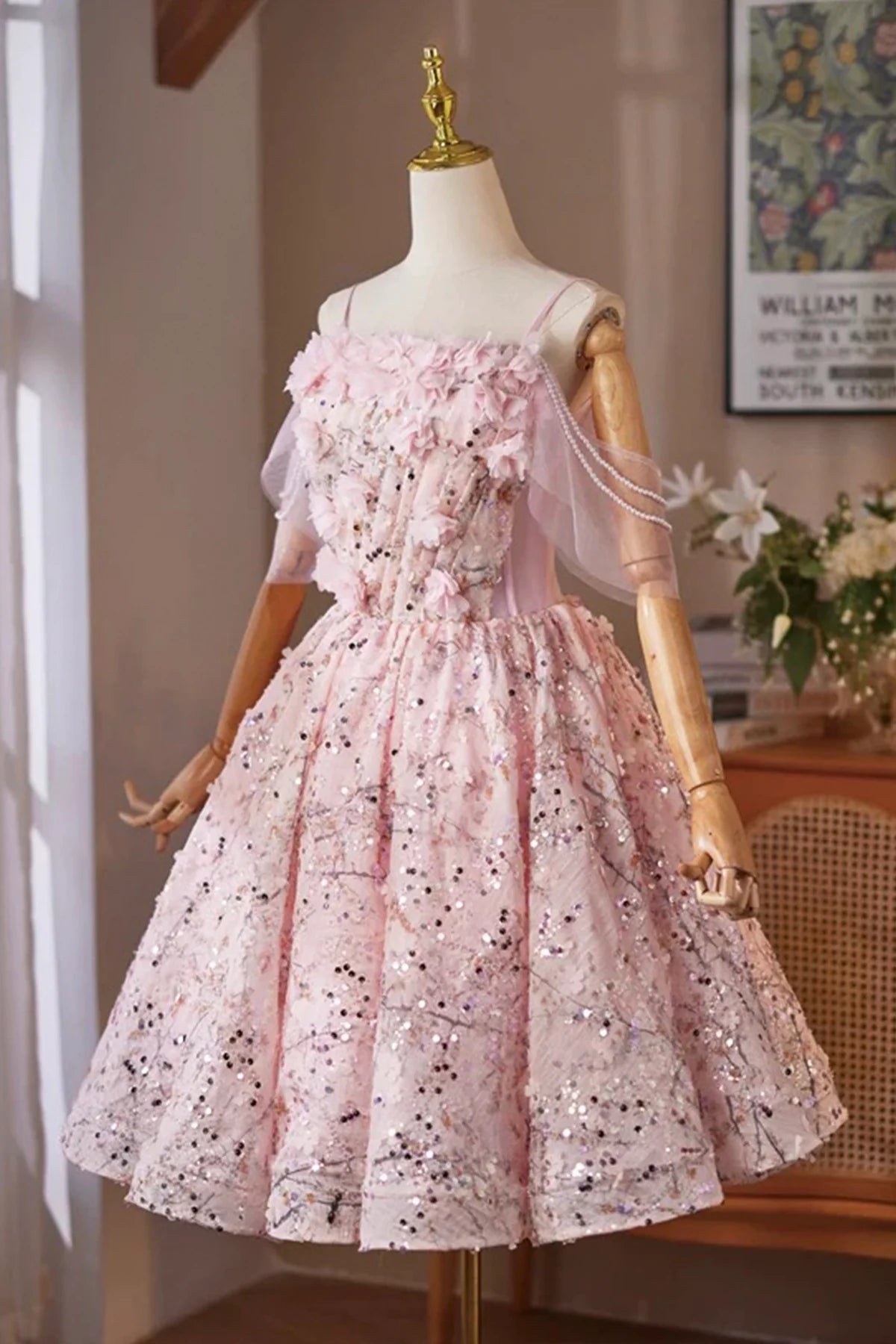 Pink Tulle Sequins Short Prom Dress Lovely Knee length A-Line Evening Party Dress Homecoming Dresses